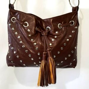 Dark Brown Handbag with Silver Studs and Tassels